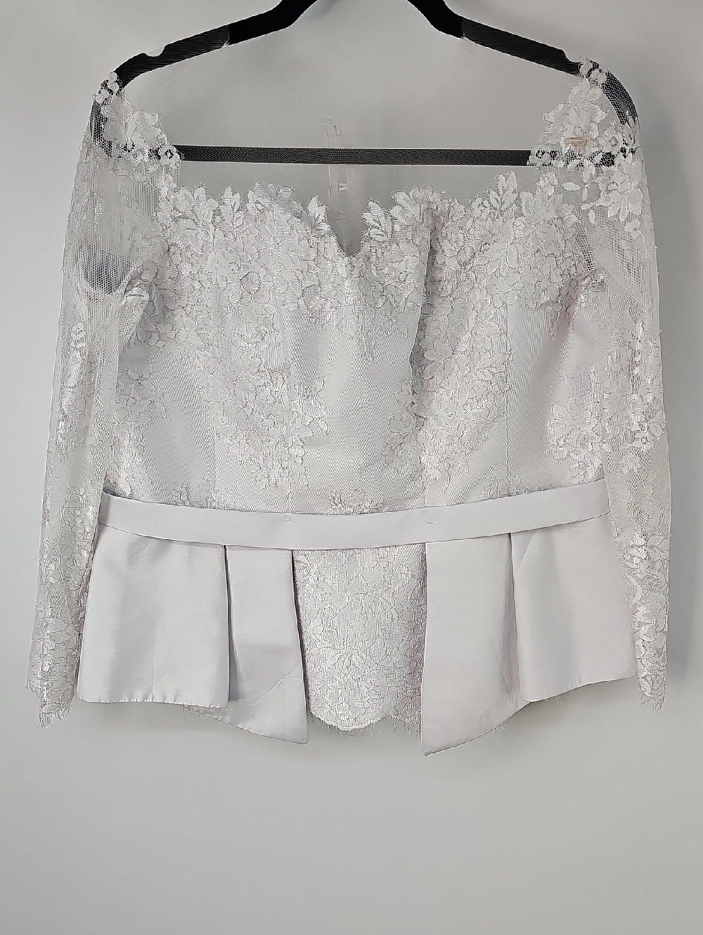 Lace Satin Mesh Off-Shoulder Peplum Blouse Light Silver Crystal Buttons Wedding
